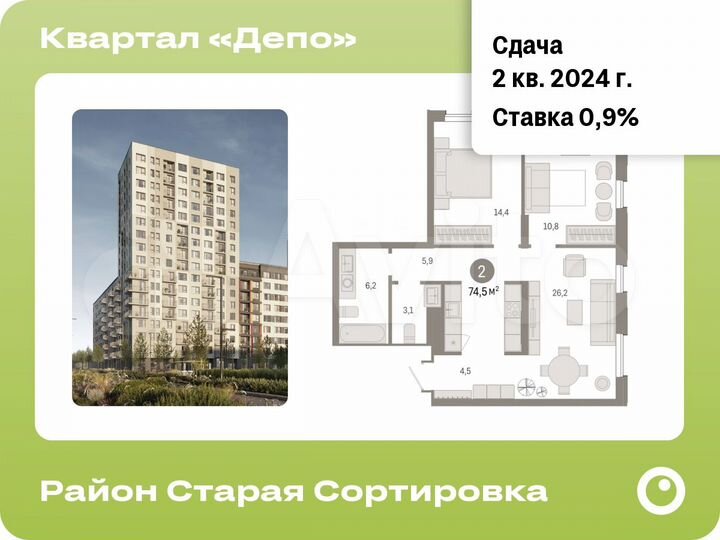 2-к. квартира, 74,5 м², 14/17 эт.