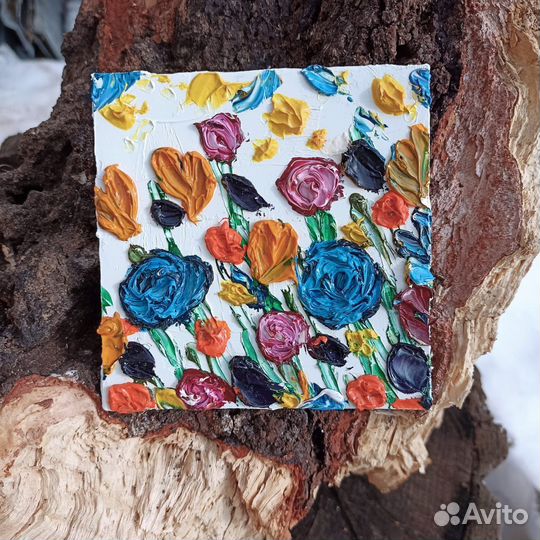Картина маслом Цветы миниатюра живопись 10*10 см