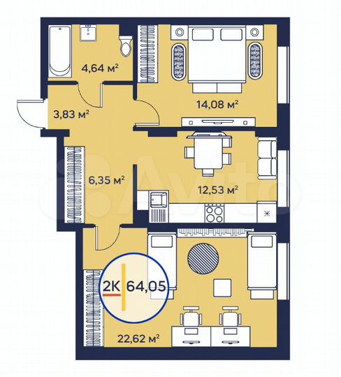 2-к. квартира, 64 м², 4/23 эт.