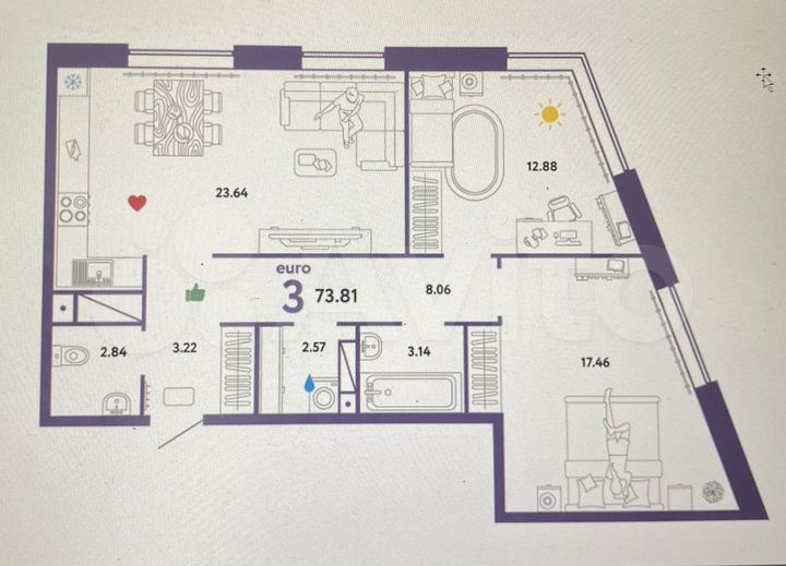 2-к. квартира, 73,8 м², 13/19 эт.