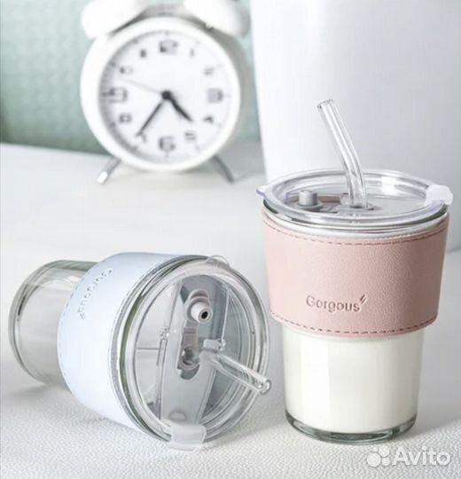 Стеклянный стакан с крышкой и трубочкой 400 грамм