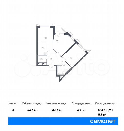3-к. апартаменты, 54,7 м², 13/32 эт.