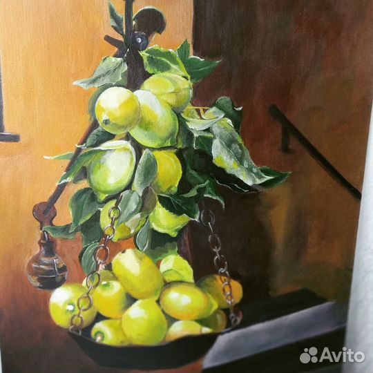 Картина маслом на холсте. Лимоны на старинных веса