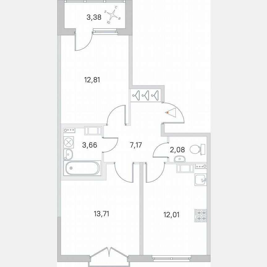 2-к. квартира, 53,1 м², 3/4 эт.
