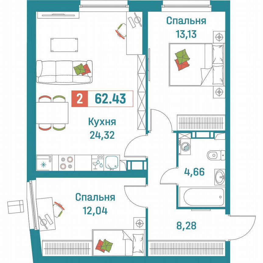 2-к. квартира, 62,4 м², 4/18 эт.