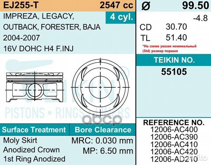 Поршень без колец (1шт) 55105050 teikin