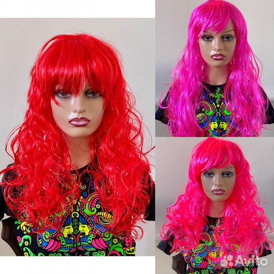 Парик кудрявый красный, малиновый розовый флюрный