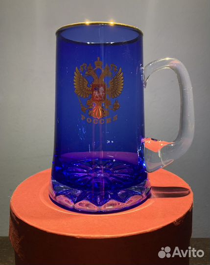 Кружка пивная стекло, кобальт, герб Россия