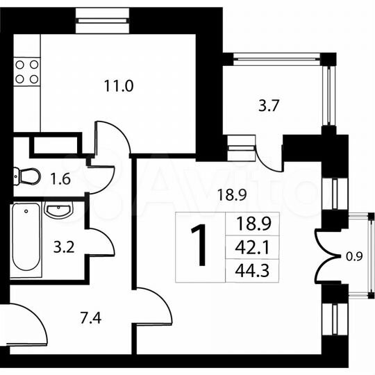 1-к. квартира, 42 м², 4/9 эт.