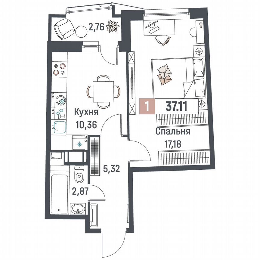 1-к. квартира, 37,1 м², 10/18 эт.