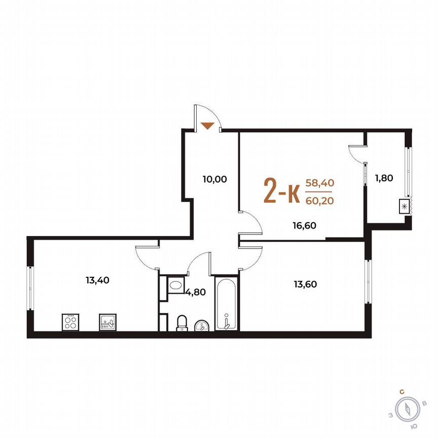 2-к. квартира, 60,2 м², 6/8 эт.