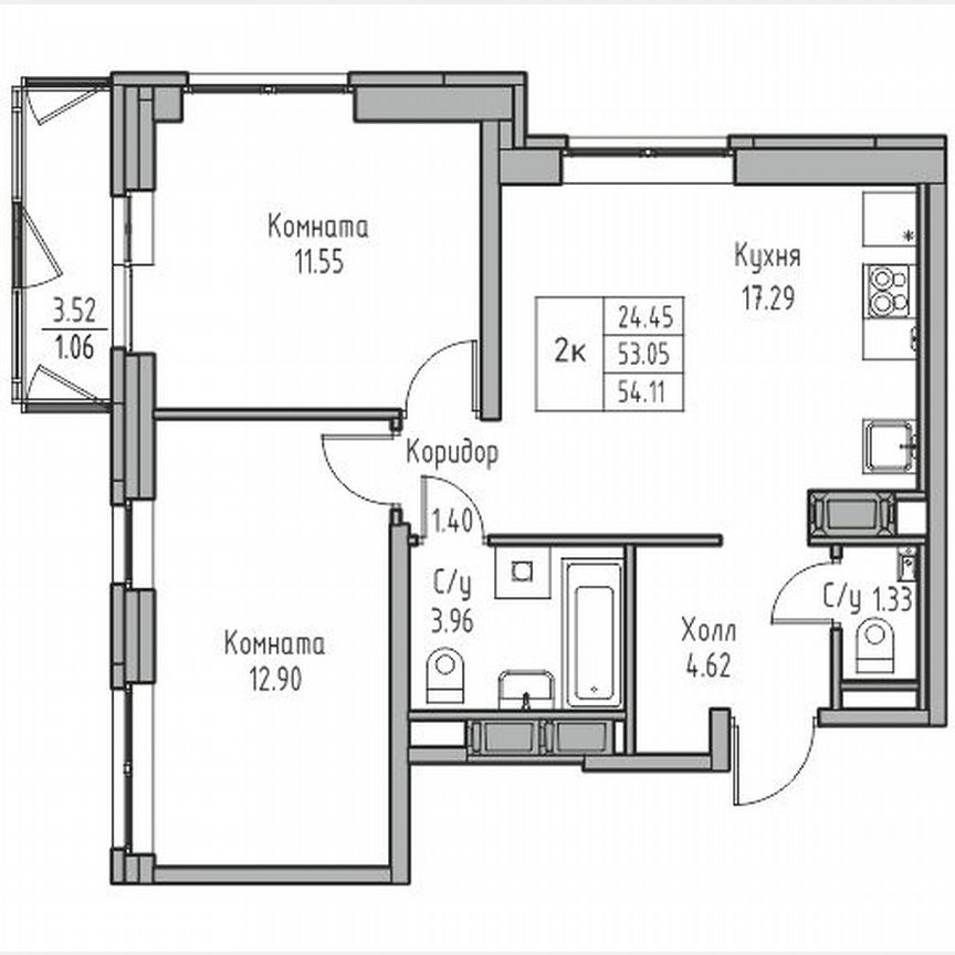 2-к. квартира, 54,1 м², 3/23 эт.
