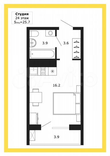 Квартира-студия, 25,7 м², 24/25 эт.