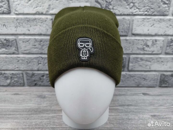 Шапка вязаная Karl lagerfeld хаки резиновый лого