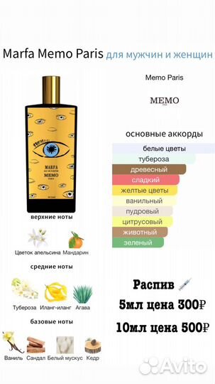 Ароматы Memo Paris распив от 5мл парфюм, духи
