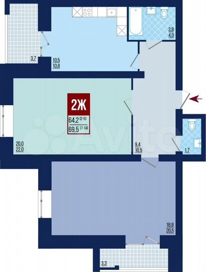 2-к. квартира, 69,5 м², 14/14 эт.