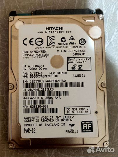 Жёсткий диск Hitachi 750 Гб и SSD 40 Гб