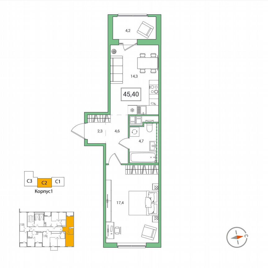 1-к. квартира, 45,4 м², 7/12 эт.