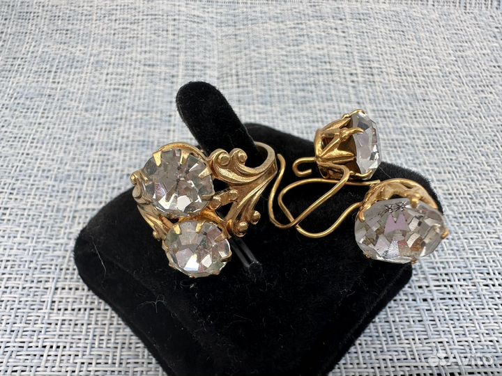 Серьги кольцо позолота чешское стекло СССР винтаж