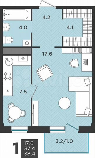 1-к. квартира, 38,4 м², 3/3 эт.