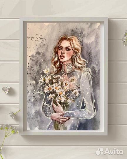 Девушка ромашки акварель