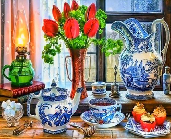 Картина по номерам 40x50 Нарядное чаепитие и букет