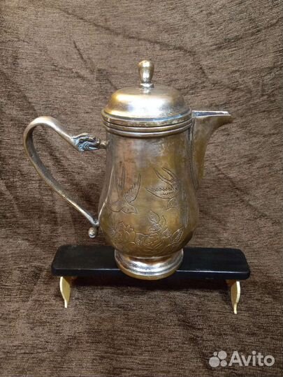 Старинный китайский латунный чайник,серебрение 19в