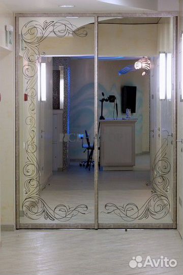 Двери купе с рисунком на зеркале шк-249