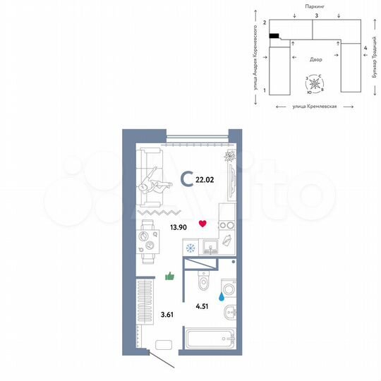 Квартира-студия, 22 м², 10/15 эт.