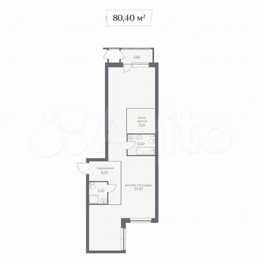 1-к. квартира, 80,4 м², 4/6 эт.