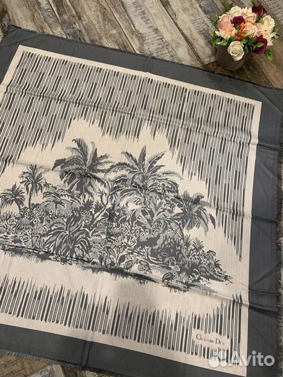 Платок шаль Dior из хлопка и шерсти серый новый