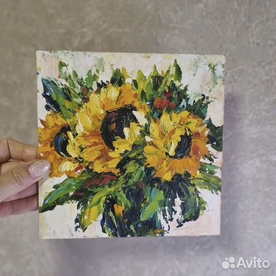 Картина маслом подсолнухи цветы 17*17 см