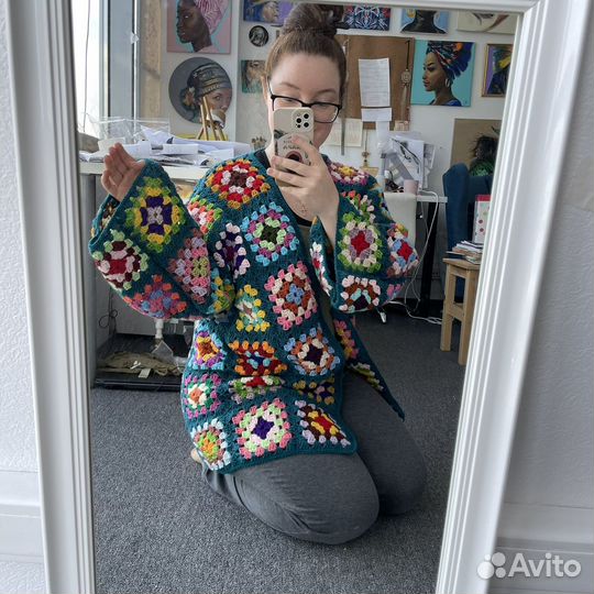 Кардиган бабушкин квадрат кроше вязаный