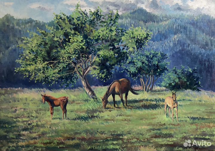Картина маслом пейзаж с лошадьми