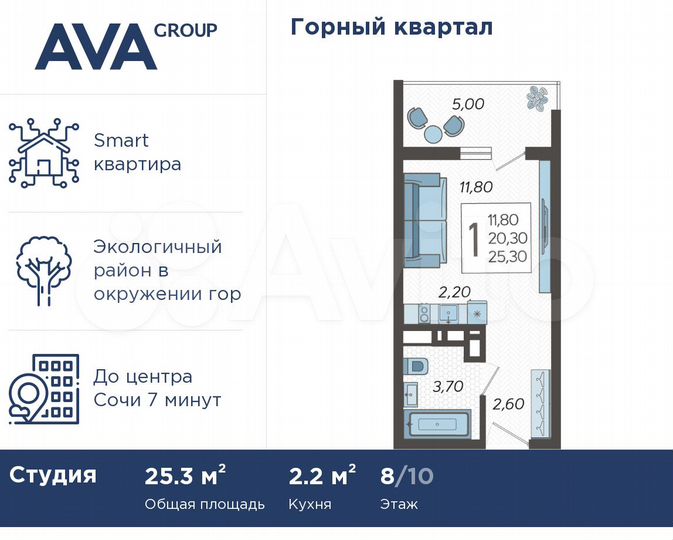 Квартира-студия, 25,3 м², 8/10 эт.