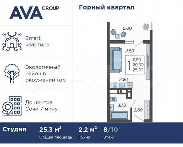 Квартира-студия, 25,3 м², 8/10 эт.