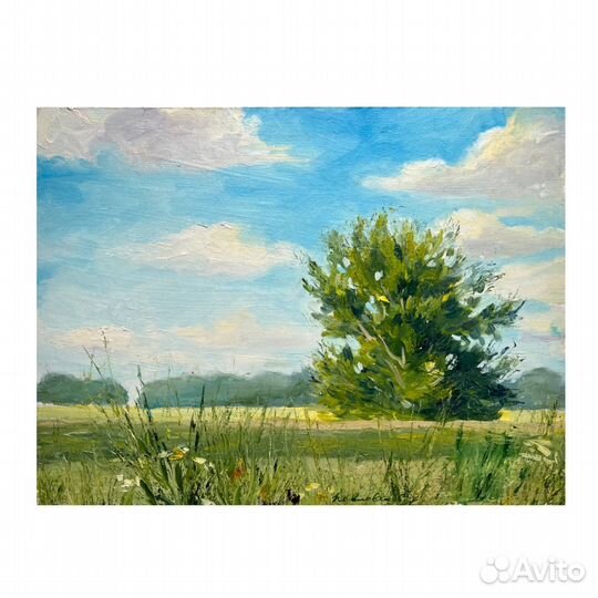 Картина маслом летний пейзаж небо облака дерево