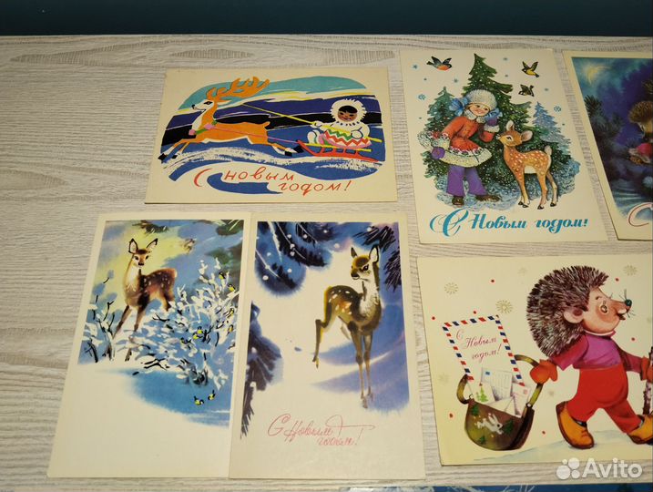 Открытки Новый год СССР ёжик еж олень пингвин