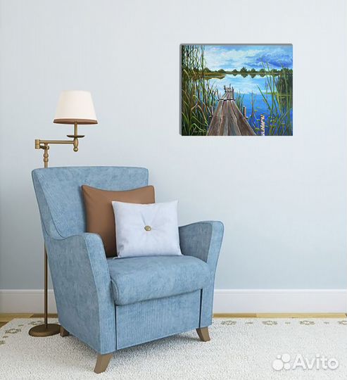 Картина летний пейзаж, мостик в пруду, камыш