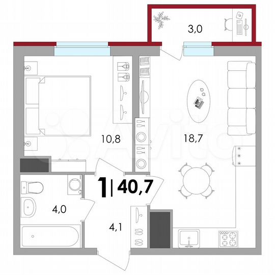 1-к. квартира, 40,7 м², 1/18 эт.