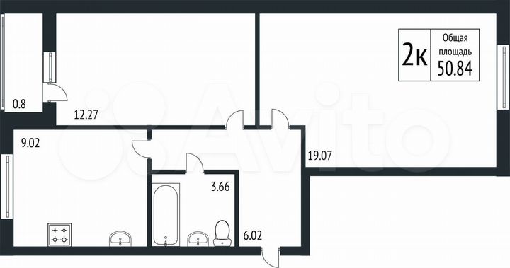 2-к. квартира, 50,8 м², 5/5 эт.