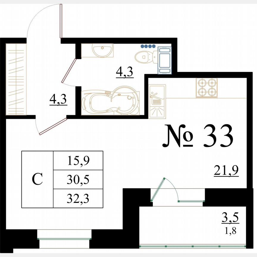 Квартира-студия, 32,3 м², 4/8 эт.