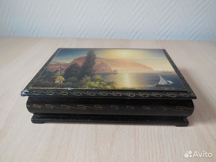 Шкатулка лак, папье-маше. Морской пейзаж. Винтаж