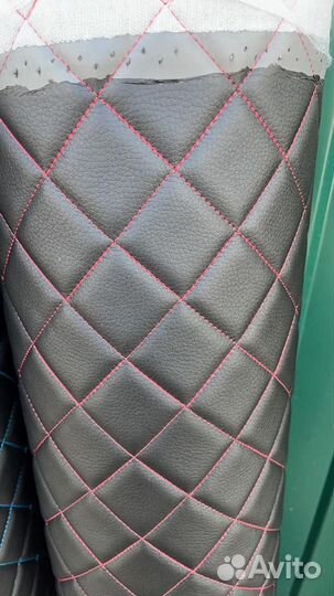 Эко кожа чёрная, ромб клетка красная строчка