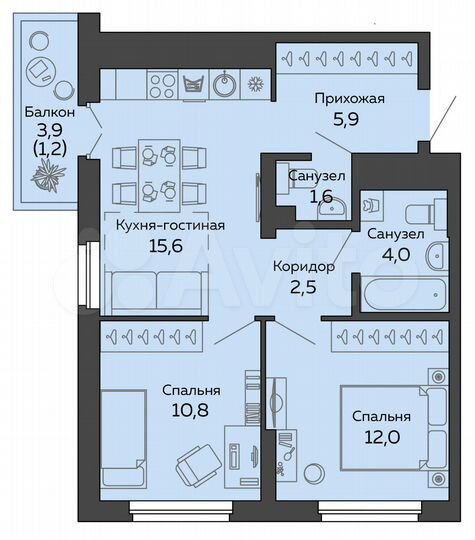 2-к. квартира, 53,5 м², 13/25 эт.