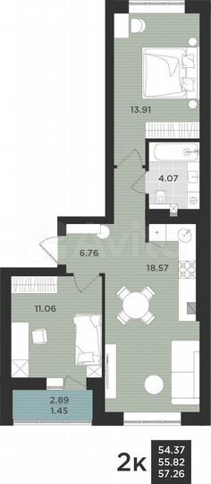 2-к. квартира, 57,3 м², 9/9 эт.