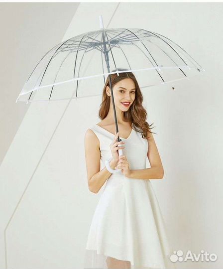 Зонт прозрачный трость с бесцветным кантом 16 спиц