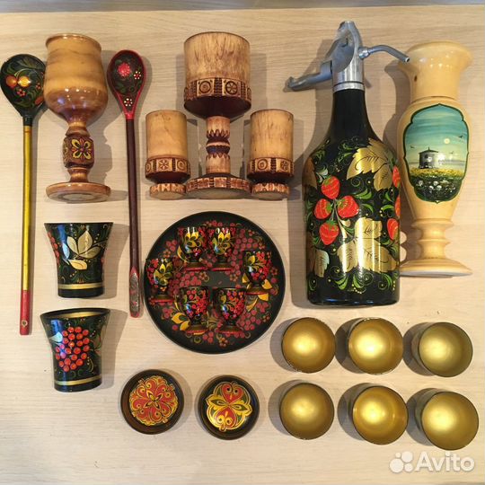 Набор посуды СССР из дерева, хохлама, 25 шт