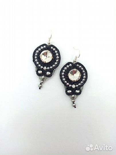 Серьги Сутажные с кристаллами Черные металлик блес