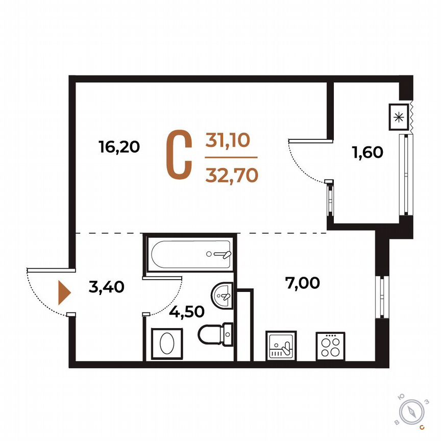 Квартира-студия, 32,7 м², 6/8 эт.